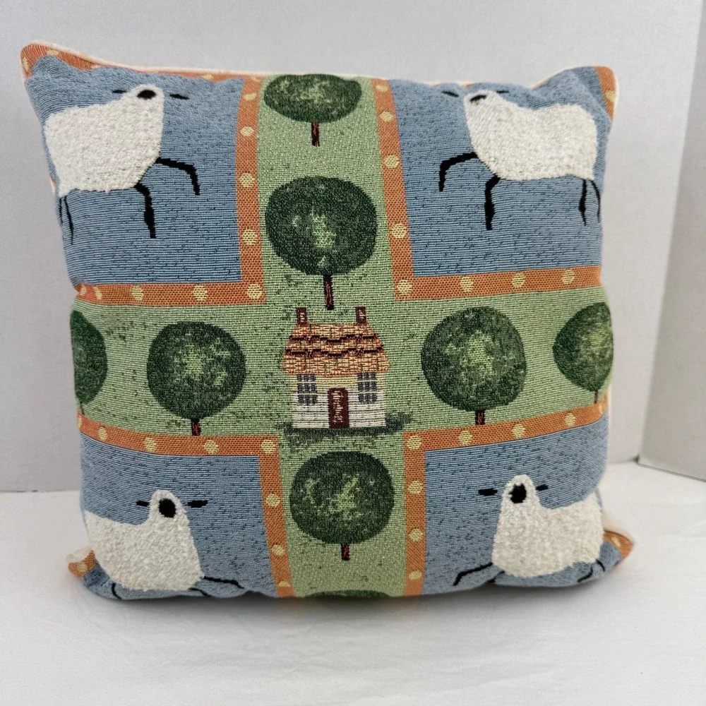 Vintage Tapestry Sheep Cottage Throw Pillow Country Farmhouse Decor 17x17